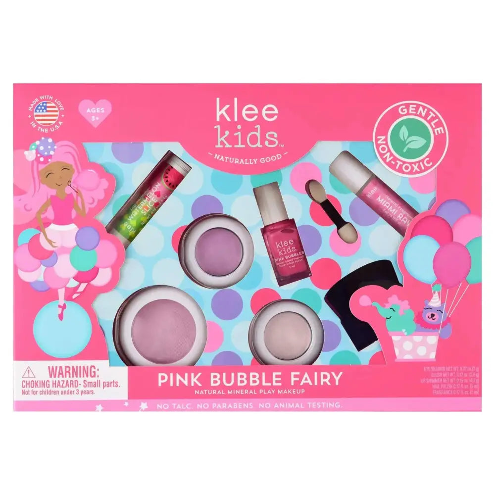 Pink bubble fairy deluxe kids makeup kit by klee kids features natural mineral eyeshadows and pink nail polish