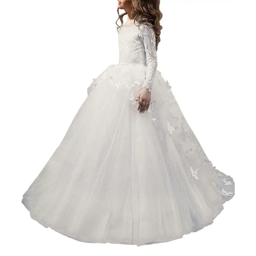 White lace girls pengpeng ball gown with butterfly appliqués and voluminous tulle skirt in pink butterfly lace design