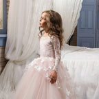 Delicate pink butterfly lace girls pengpeng skirt with long lace sleeves and voluminous tulle skirt adorned with butterfly appliqués