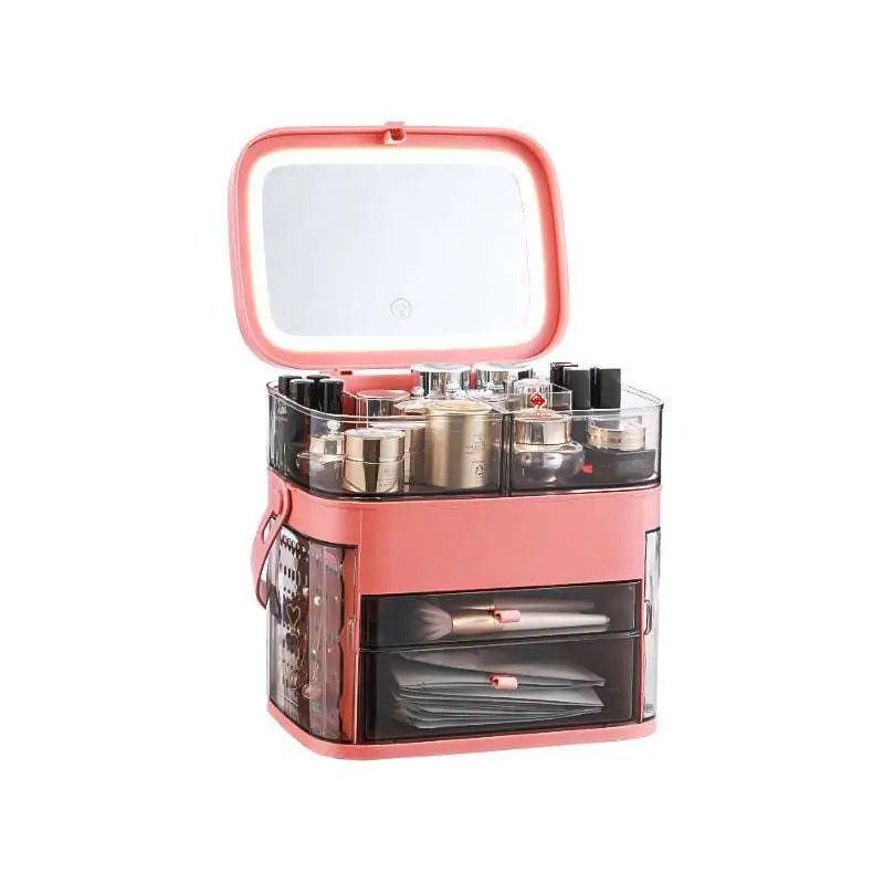 Pink cosmetic storage box with built-in mirror and transparent compartments for celebrity desktop organization and makeup