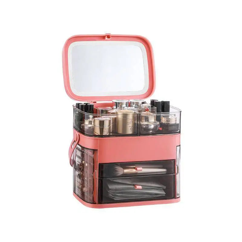 Pink plastic cosmetic storage box with transparent compartments and a mirrored lid for celebrity desktop organization