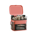 Pink cosmetic storage box with transparent compartments handle and mirror for celebrity desktop organization