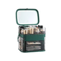 Green and transparent cosmetic storage box with multi compartments and built-in mirror for celebrity desktop organization
