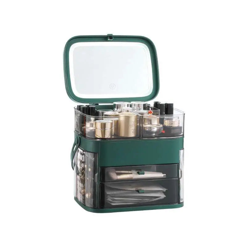 Green and transparent cosmetic storage box with multi compartments and built-in mirror for celebrity desktop organization
