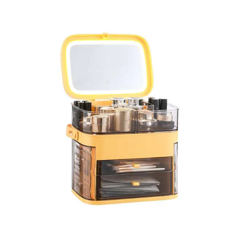 Yellow plastic cosmetic storage box with illuminated mirror lid and transparent compartments for celebrity desktop organization
