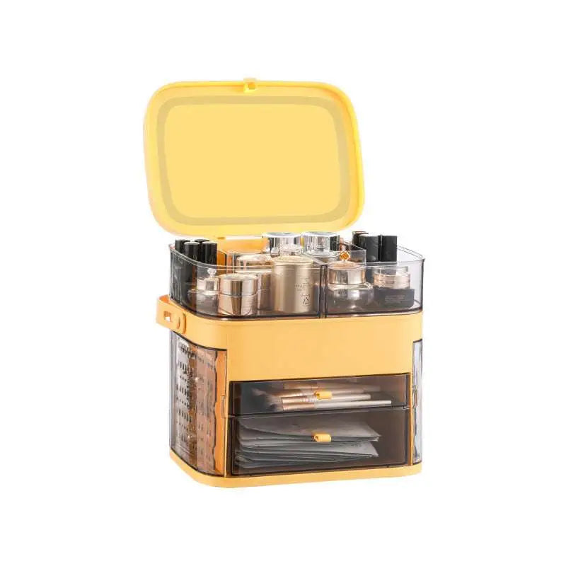 Yellow plastic cosmetic storage box with transparent compartments and drawers for celebrity desktop organization