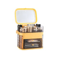 Pink cosmetic storage box with mirror and yellow plastic transparent compartments for celebrity desktop organization