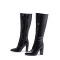 Black crocodile embossed glossy finish knee high boots plus size with chunky heels for stylish wear