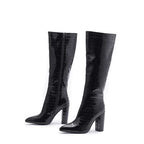Black crocodile embossed glossy finish knee high boots plus size with chunky heels for stylish wear
