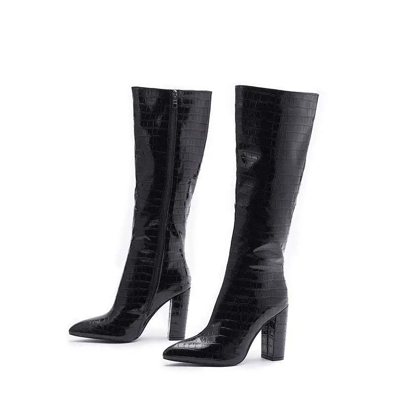 Black crocodile embossed glossy finish knee high boots plus size with chunky heels for stylish wear