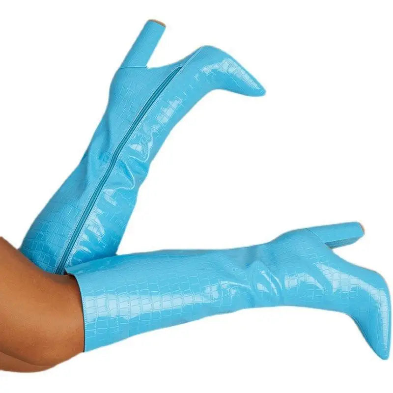 Bright turquoise knee-high boots plus size with glossy crocodile-embossed finish and pointed heels pink croc knee