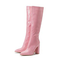 Pink croc knee high boots plus size in patent leather with chunky heel perfect for stylish zipper short boots look