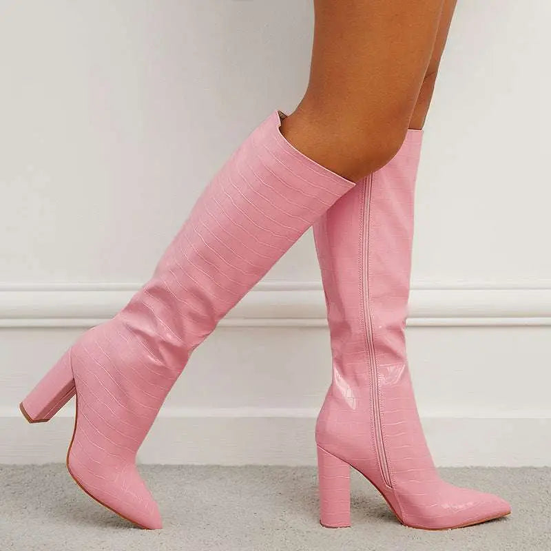 Pink croc knee high boots plus size featuring chunky heel and croc-embossed texture for stylish wear