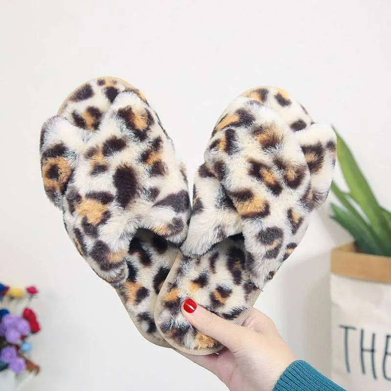 Pink cross strap slippers leopard plush house shoes with fuzzy leopard print and soft plush tan black and brown spots