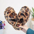 Pink cross strap slippers leopard plush house shoes with fuzzy plush tan base and dark brown leopard spots