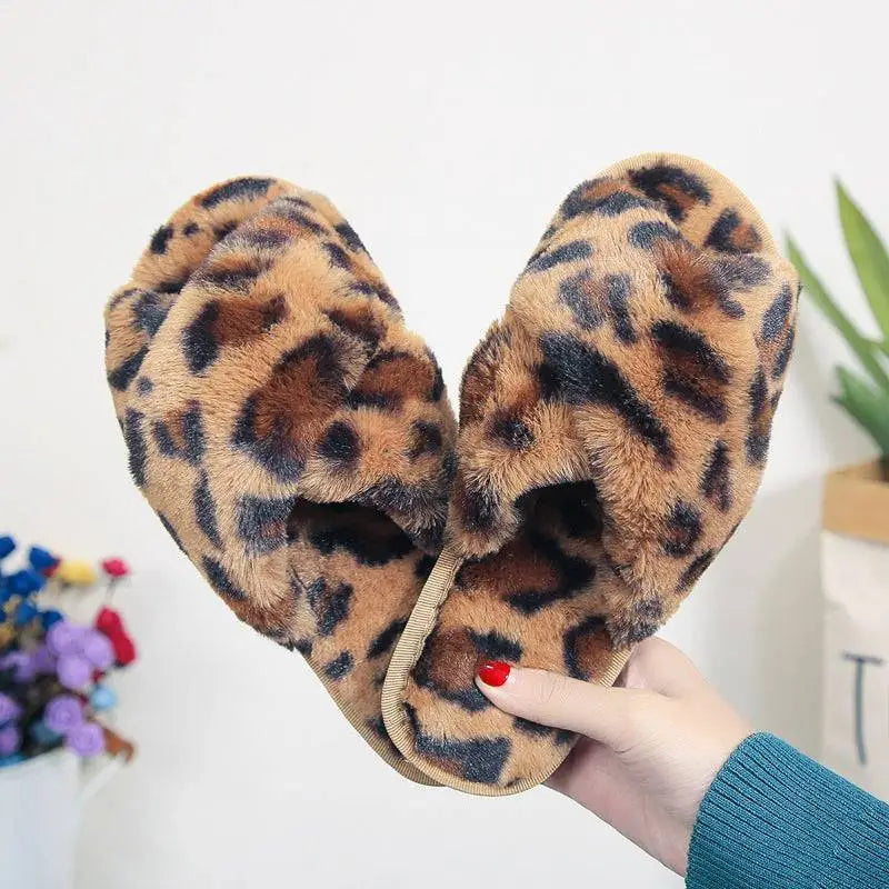 Pink cross strap slippers leopard plush house shoes with fuzzy plush tan base and dark brown leopard spots