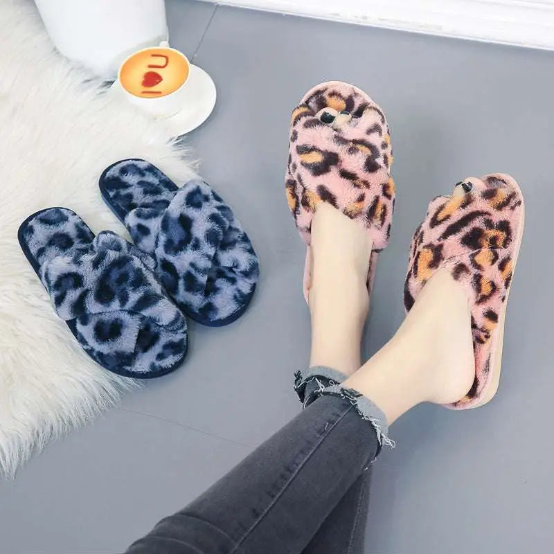 Pink cross strap slippers leopard plush house shoes featuring fuzzy pink leopard print and open-toe design