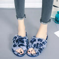 Pink cross strap slippers leopard plush house shoes featuring blue and gray leopard-print fuzzy slide sandals
