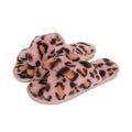 Pink cross strap slippers leopard plush house shoes with pink leopard print fuzzy texture and beige soles
