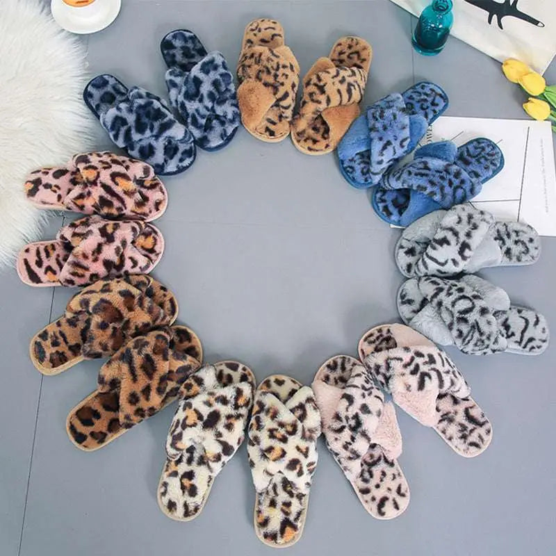 Soft plush slippers leopard plush house shoes with pink cross strap in pink blue beige and gray colors