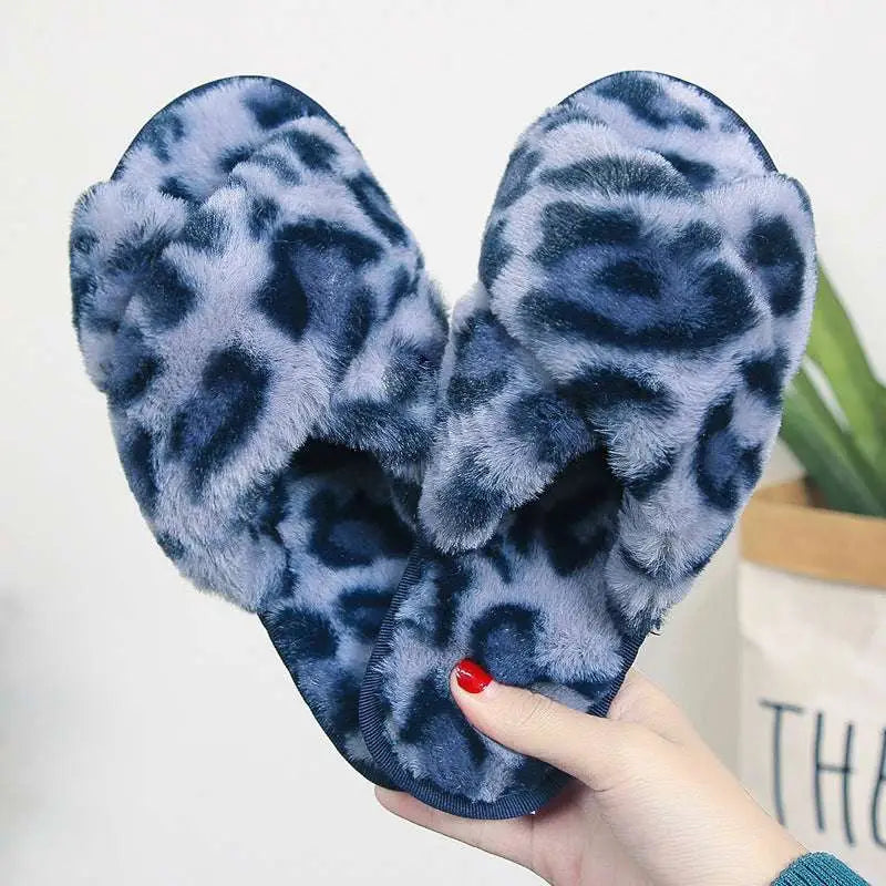 Soft blue and black slippers leopard plush house shoes with pink cross strap made of fuzzy plush material