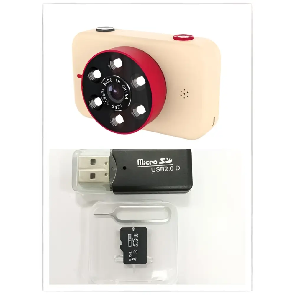 Pink digital mini camera for children with cream body and red circular lens assembly featuring six white led lights