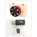 Cream-colored pink digital mini camera for children with circular lens assembly and black accents made in china text on lens