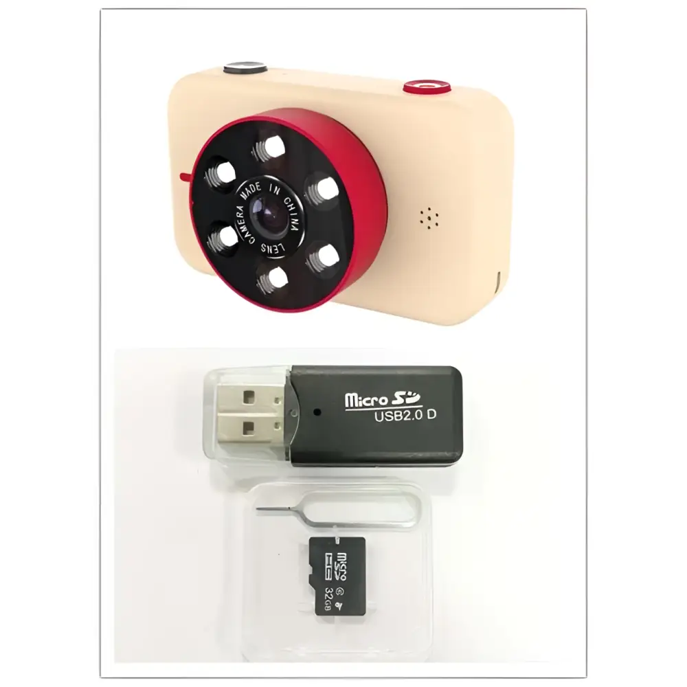 Cream-colored pink digital mini camera for children with circular lens assembly and black accents made in china text on lens