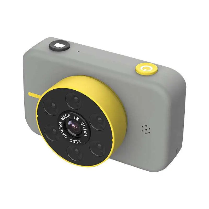 Pink digital mini camera for children in gray and yellow with circular lens assembly featuring multiple lenses