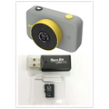 Gray and yellow digital mini camera with circular lens assembly alongside usb 20 flash drive and microsd card for children