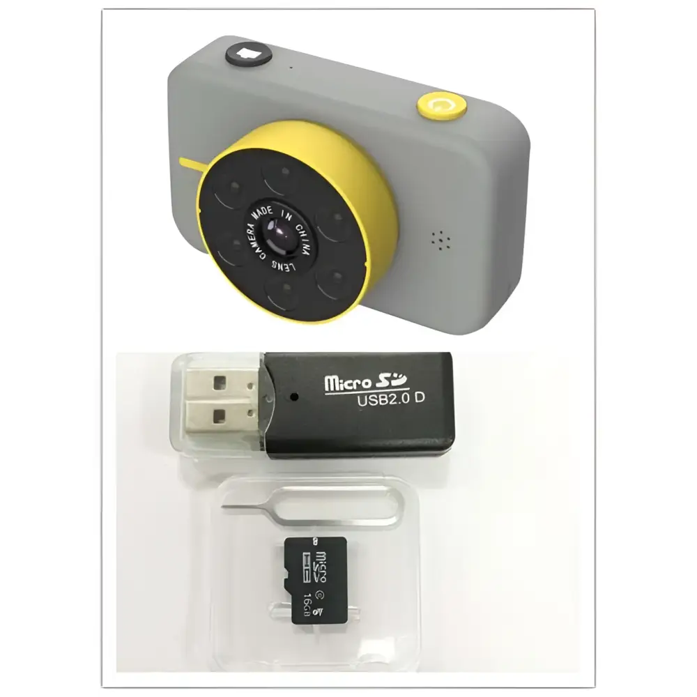 Gray and yellow digital mini camera with circular lens assembly alongside usb 20 flash drive and microsd card for children