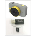 Gray and yellow digital mini camera with black circular lens assembly labeled made in china in pink digital mini for children