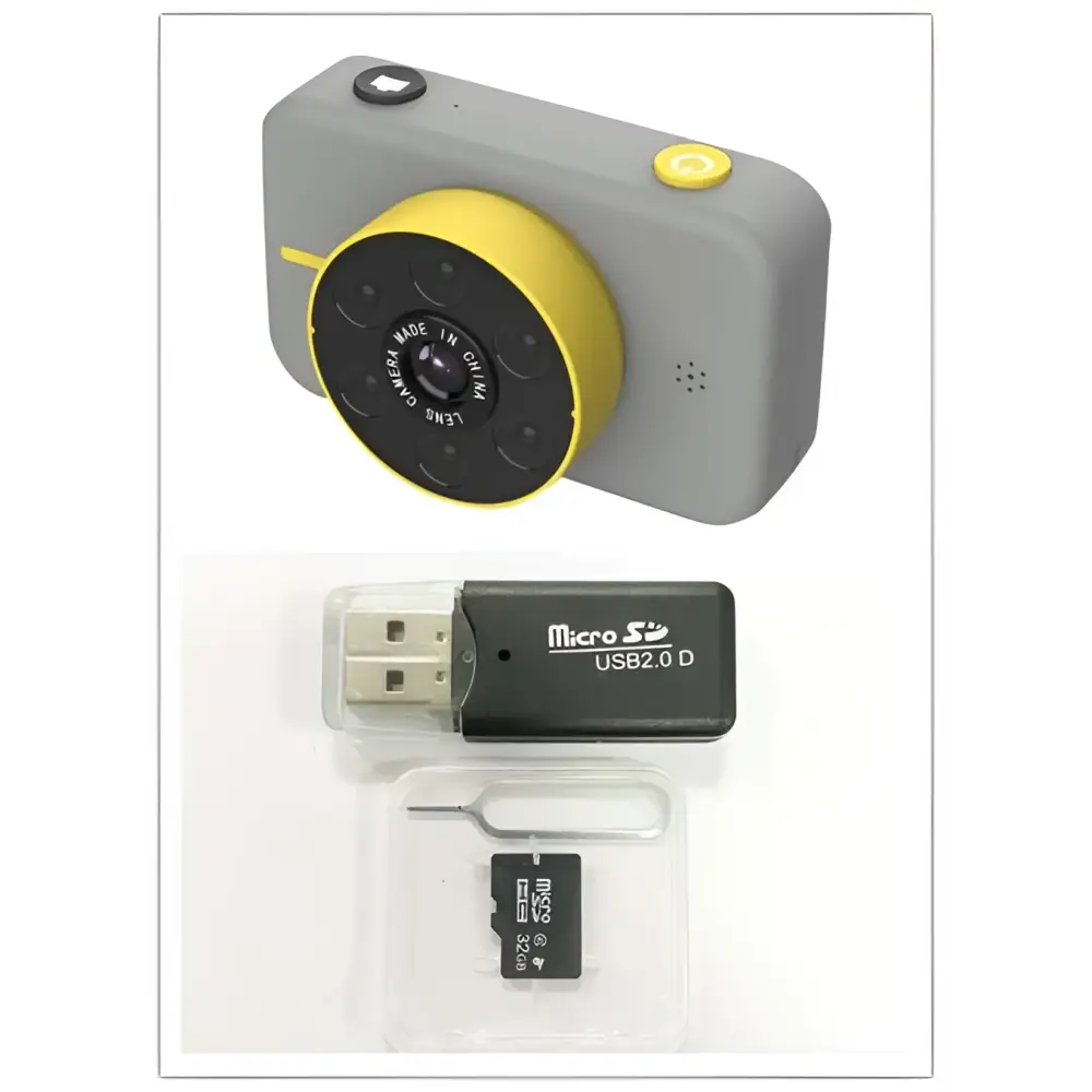 Gray and yellow digital mini camera with black circular lens assembly labeled made in china in pink digital mini for children
