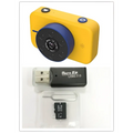 Yellow digital mini camera with blue circular lens assembly and black accents for children pink digital mini model