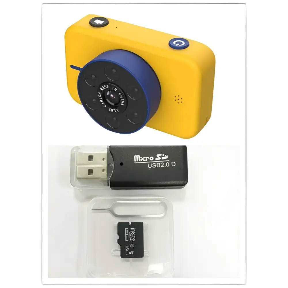 Yellow digital mini camera with blue circular lens assembly and black accents for children pink digital mini model