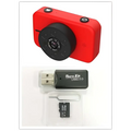 Pink digital mini camera with red compact body, circular lens assembly, usb 2.0 microsd adapter, and 32gb sd card packaging