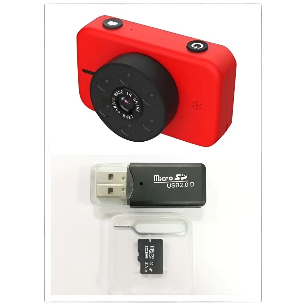 Pink digital mini camera with red compact body, circular lens assembly, usb 2.0 microsd adapter, and 32gb sd card packaging