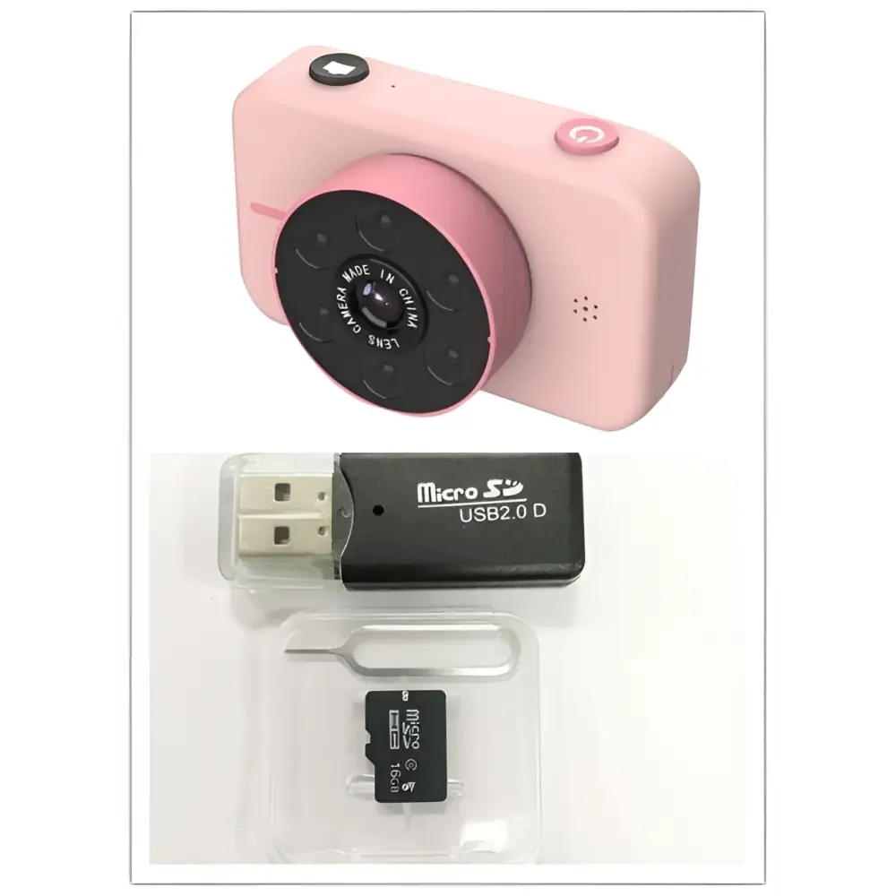 Pink digital mini camera for children with circular lens assembly, usb 2.0 flash drive, and microsd card in packaging
