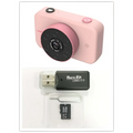 Pink digital mini camera for children with circular lens assembly usb 2.0 adapter and microsd card in clear packaging