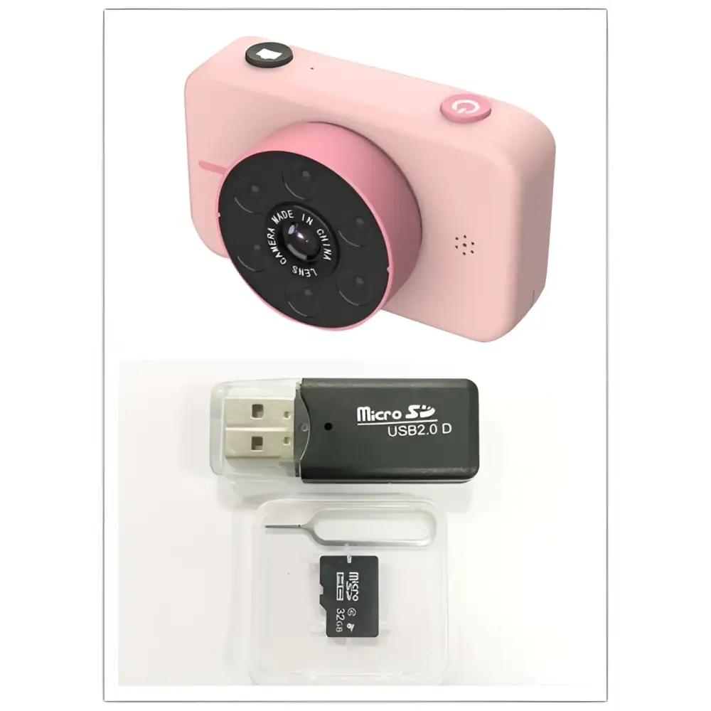 Pink digital mini camera for children with circular lens assembly usb 2.0 adapter and microsd card in clear packaging