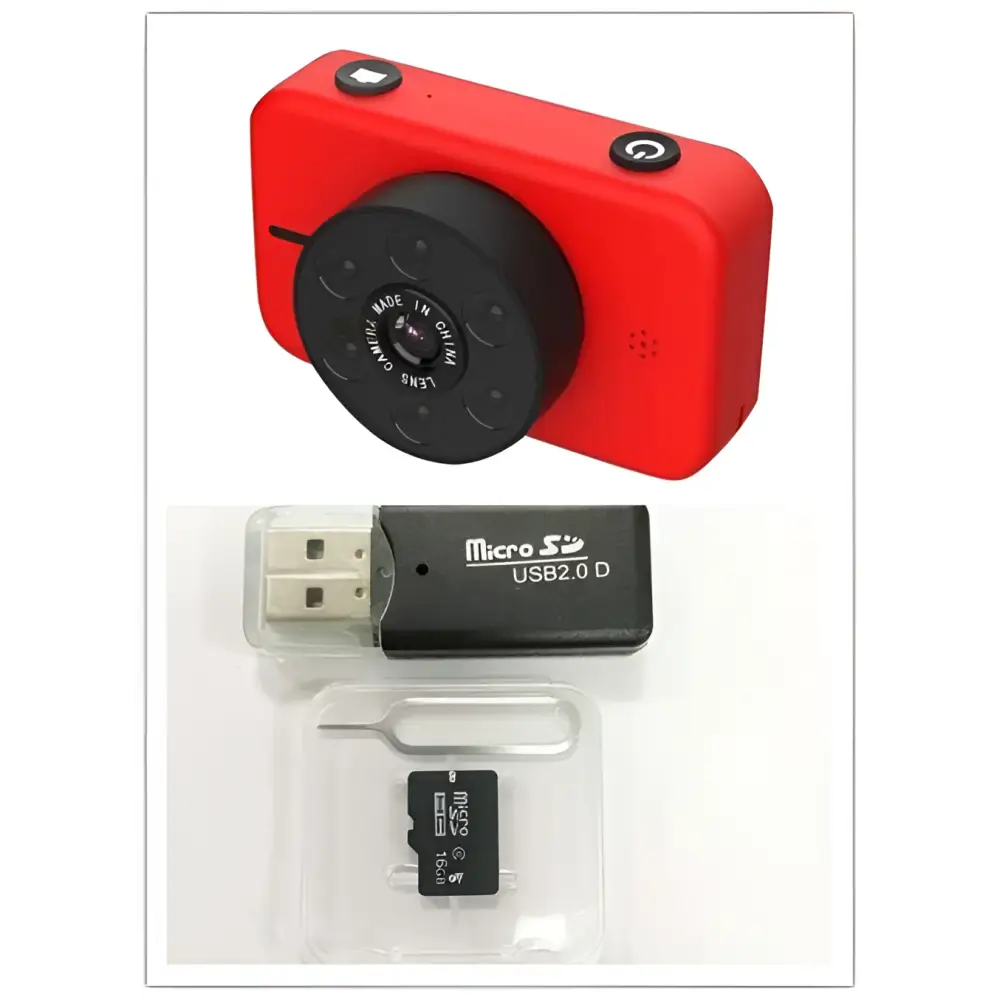 Pink digital mini camera for children with red compact body circular lens assembly usb 2.0 flash drive and microsd card