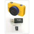 Yellow digital mini camera with blue circular lens assembly and usb 2.0 microsd card reader for pink digital mini use