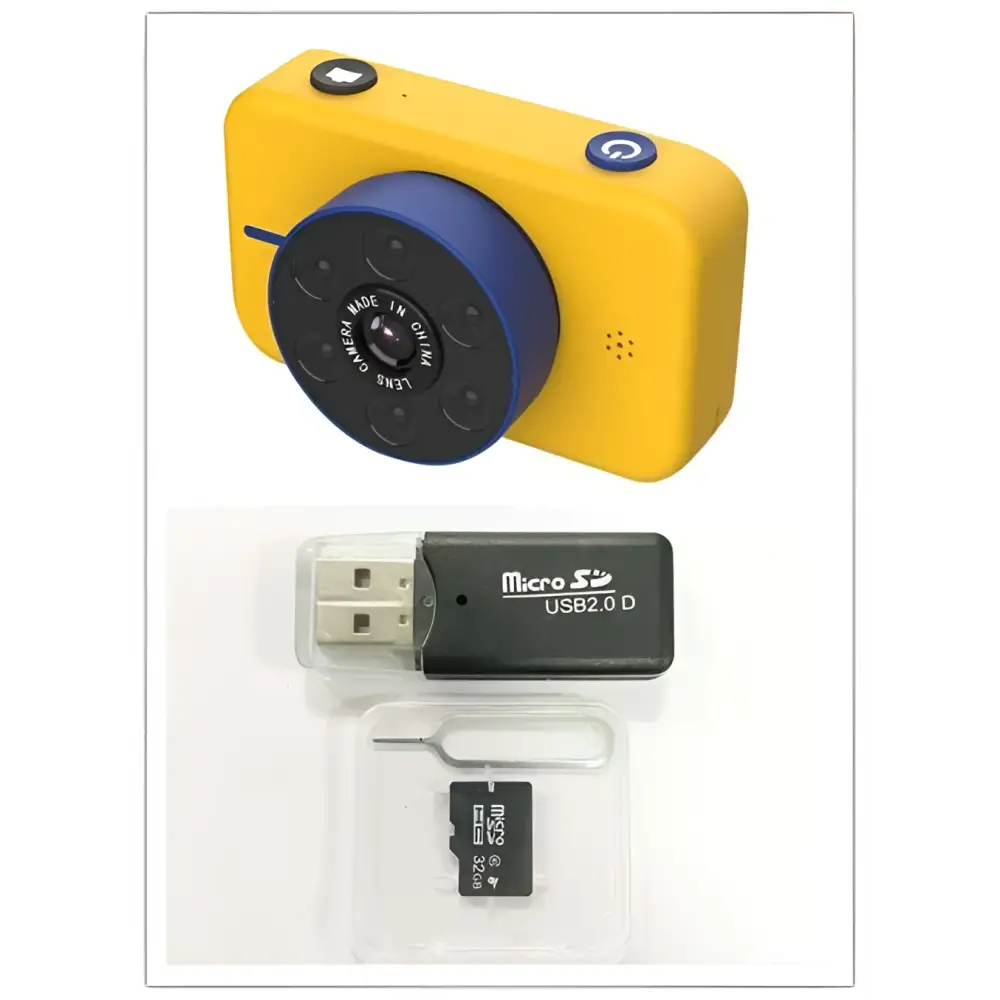 Yellow digital mini camera with blue circular lens assembly and usb 2.0 microsd card reader for pink digital mini use