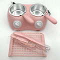 Pink dual chamber chocolate melting pot with stainless steel bowls and white control knobs for chocolate melting furnace use