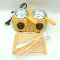 Yellow dual chamber chocolate melting pot with silver interiors brown knobs and matching yellow tray and utensils for melting furnace