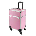 Pink ecotypee makeup train case large cosmetic trolley with silver aluminum trim and black wheels for easy rolling