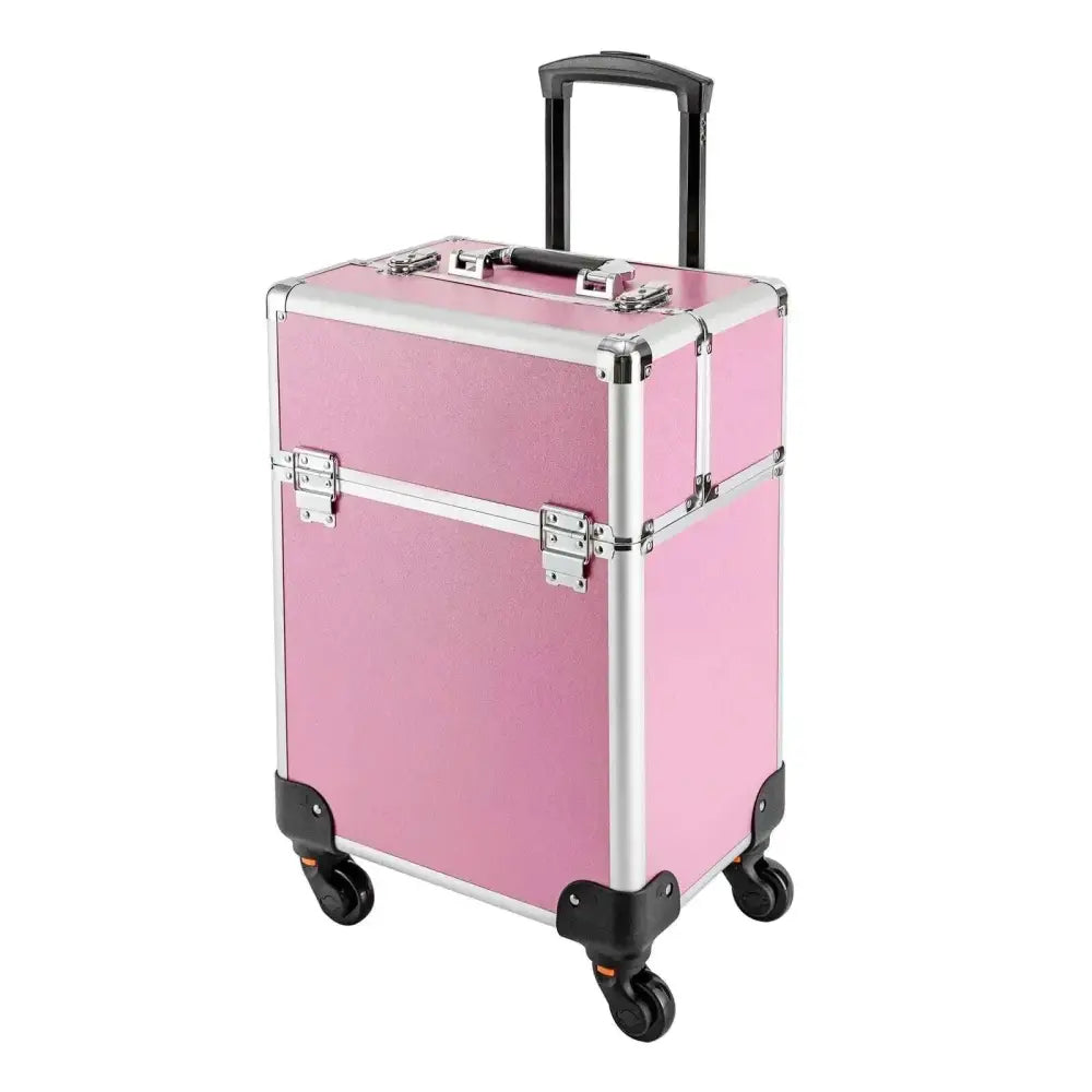 Pink ecotypee makeup large cosmetic trolley with silver aluminum trim black wheels and rolling makeup train case design