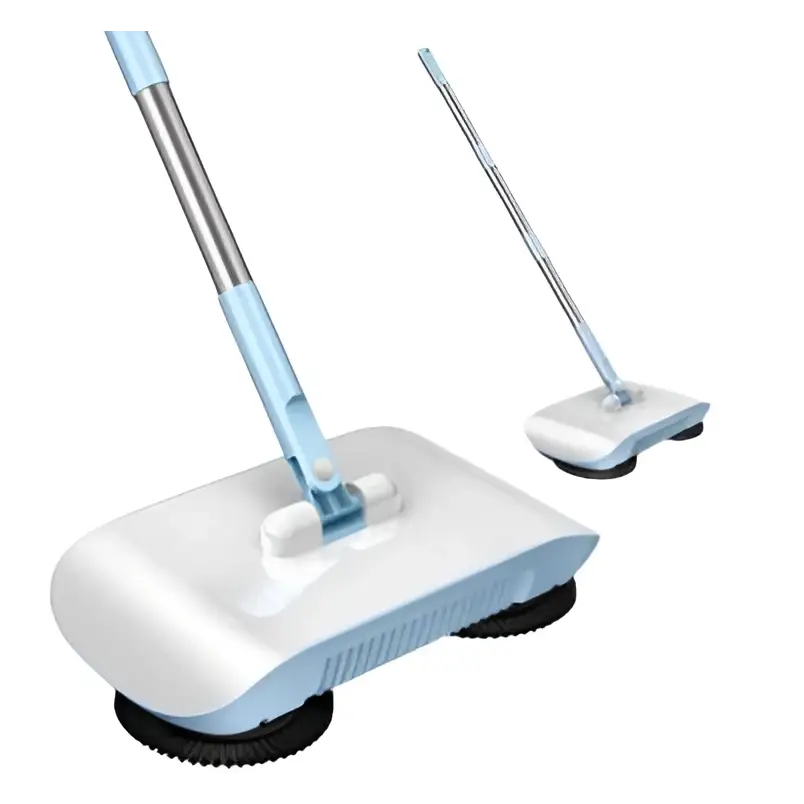 Light blue and white electric hand push sweeper household broom with sleek design and two black rubber wheels