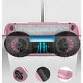 Pink electric hand push sweeper household broom with black brush wheels and a glittery gray cleaning pad