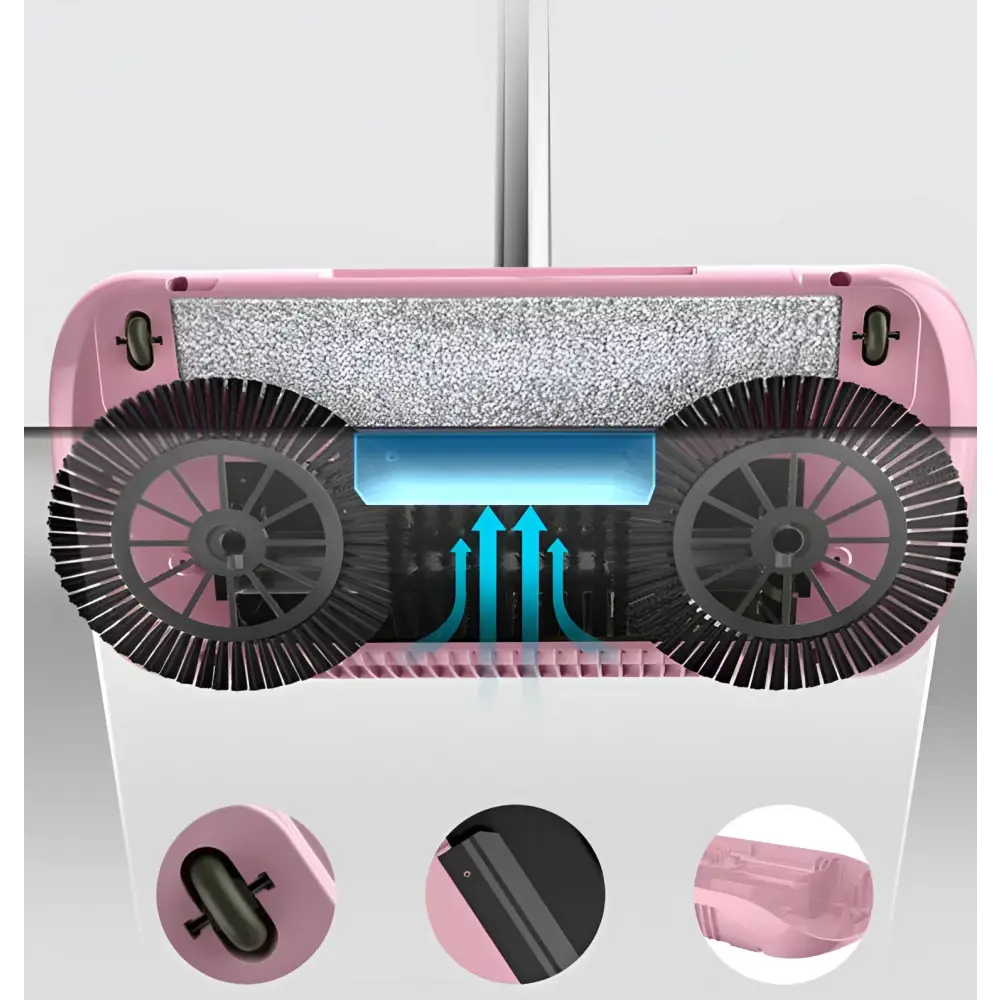 Pink electric hand push sweeper household broom with black brush wheels and a glittery gray cleaning pad